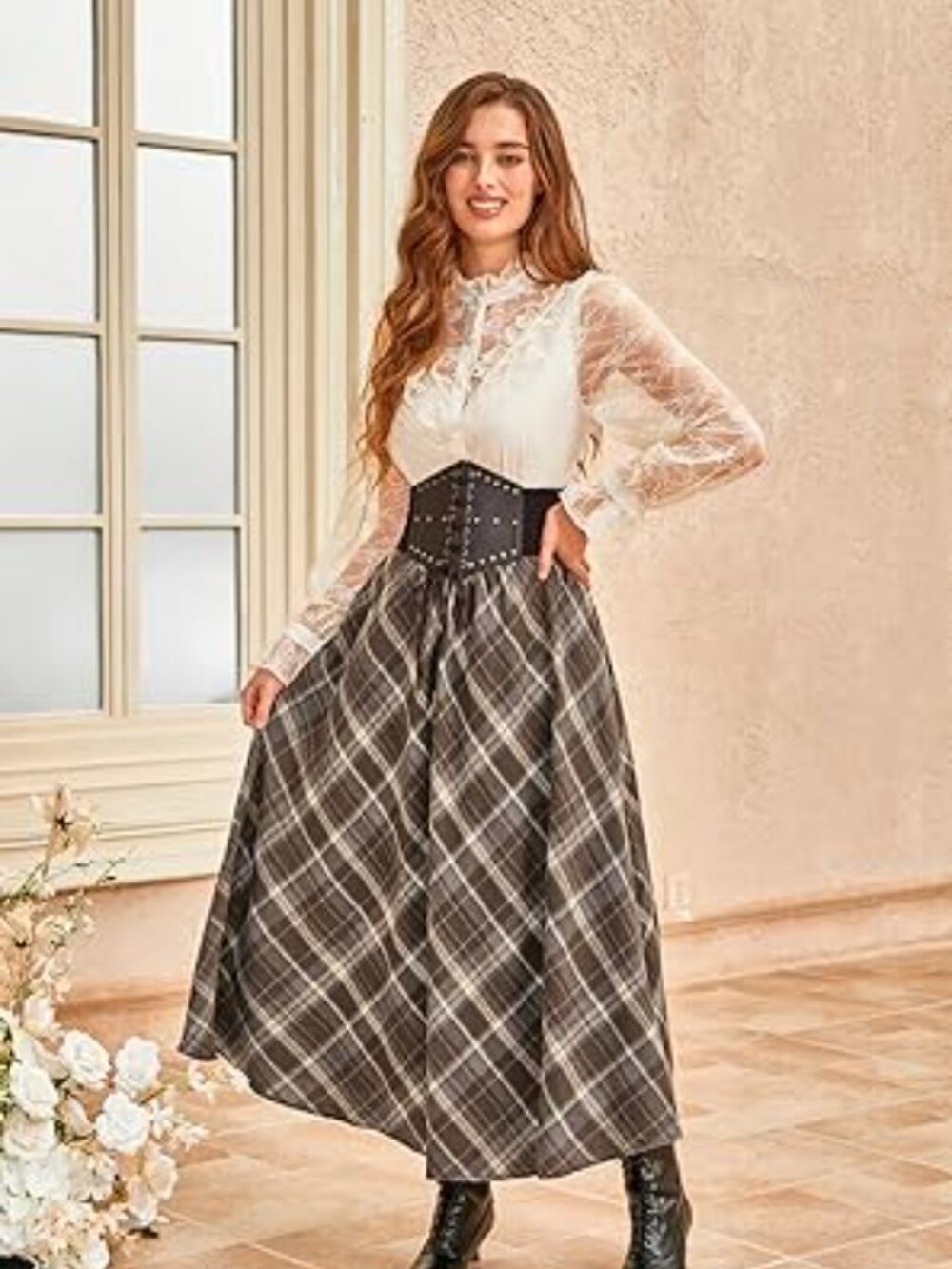 Scarlet Darkness Plaid Skirt Renaissance Long Skirts Maxi Winter Skirt Coffee L - Picture 3 of 4